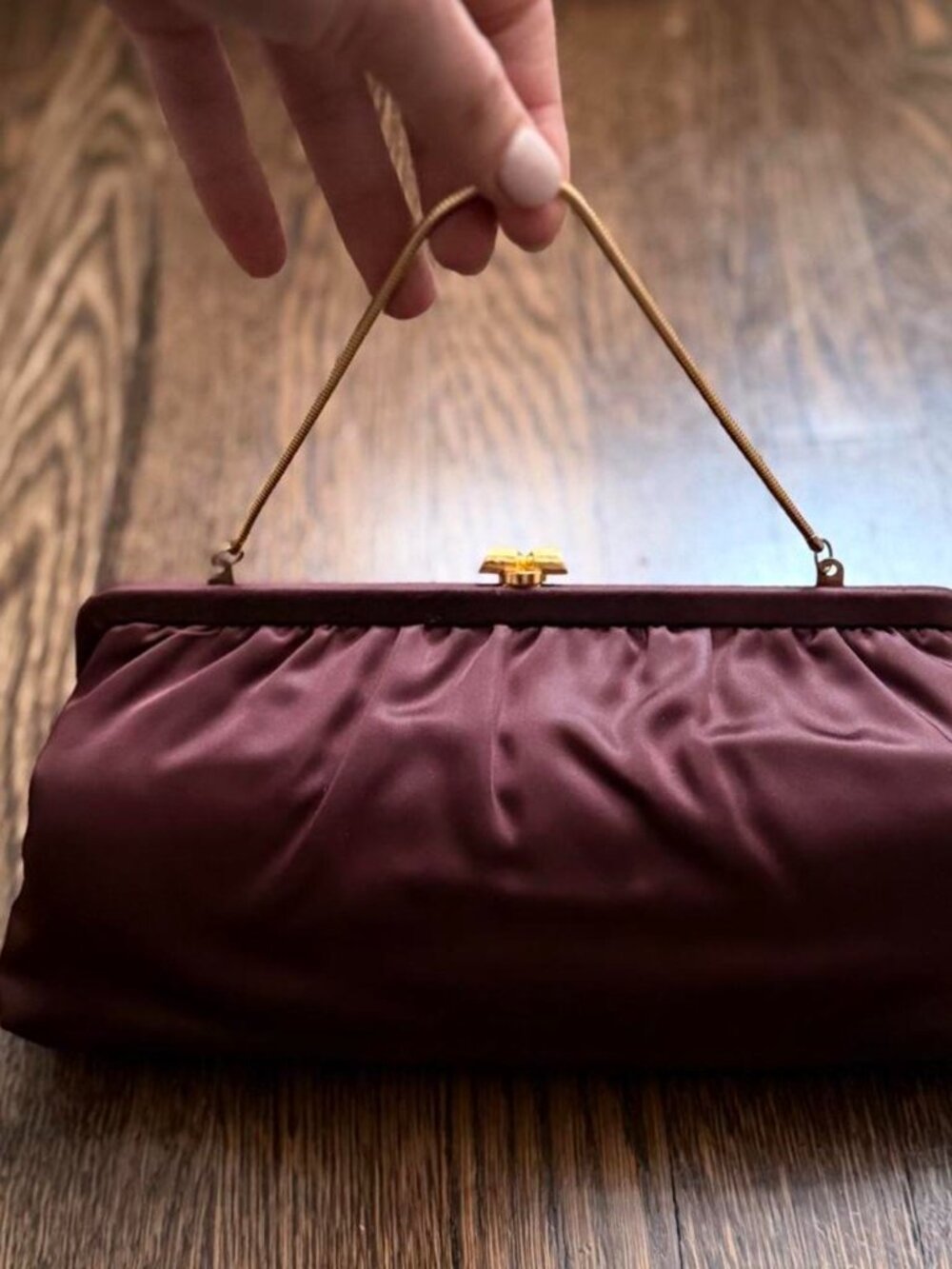 Vtg Brown Satin Evening Clutch Bag Purse w/ Gold strap